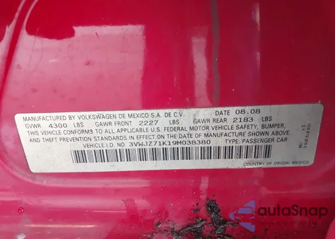 2009 Volkswagen Jetta S из США, поврежденный, VIN 3VWJZ71K19M038380